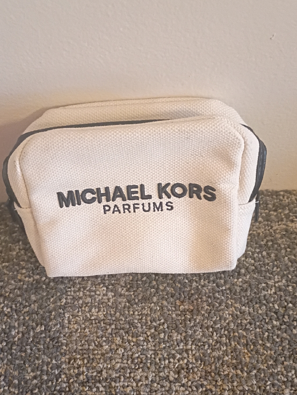 Michael Kors Parfums Beige Canvas Toiletry Pouch with Black Trim